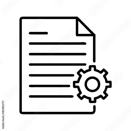 Illustration of a document with lines and a folded corner next to a gear wheel icon symbolising settings