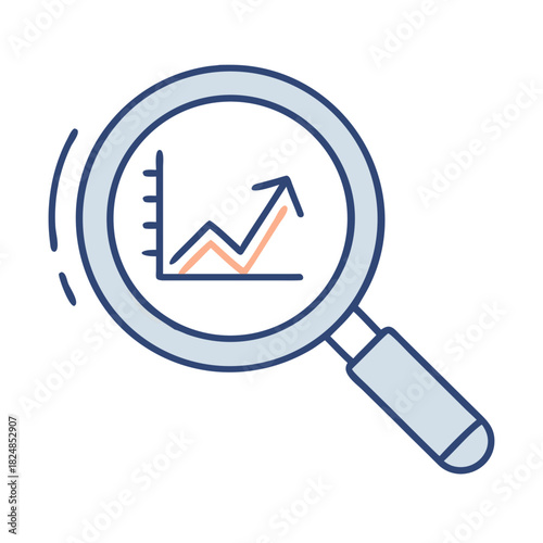 Magnifying glass showing a graph with increasing trend line and a fluctuating trend line inside it
