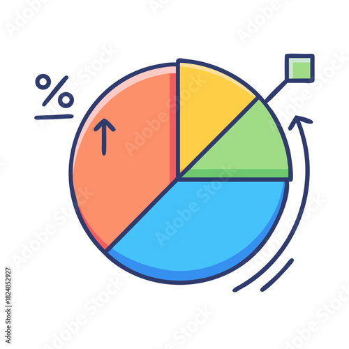 Colorful pie chart with percentage symbol and arrow indicating growth and a square data pointer