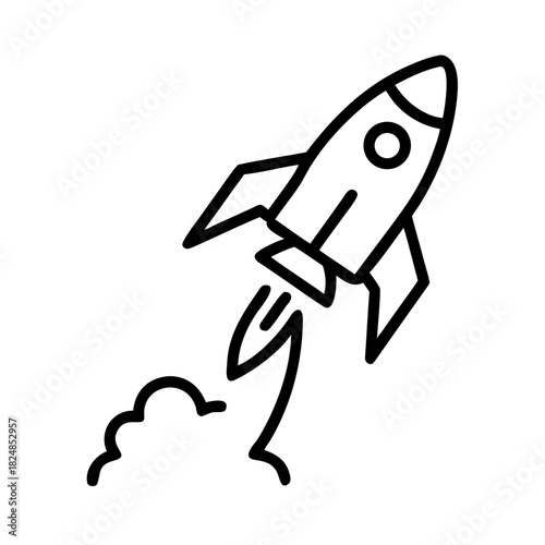 Outline drawing of a rocket ship launching with smoke trails on a white isolated background design