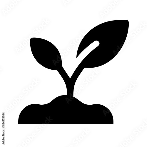 Illustration of a small plant with two leaves growing out of a mound of soil in black silhouette