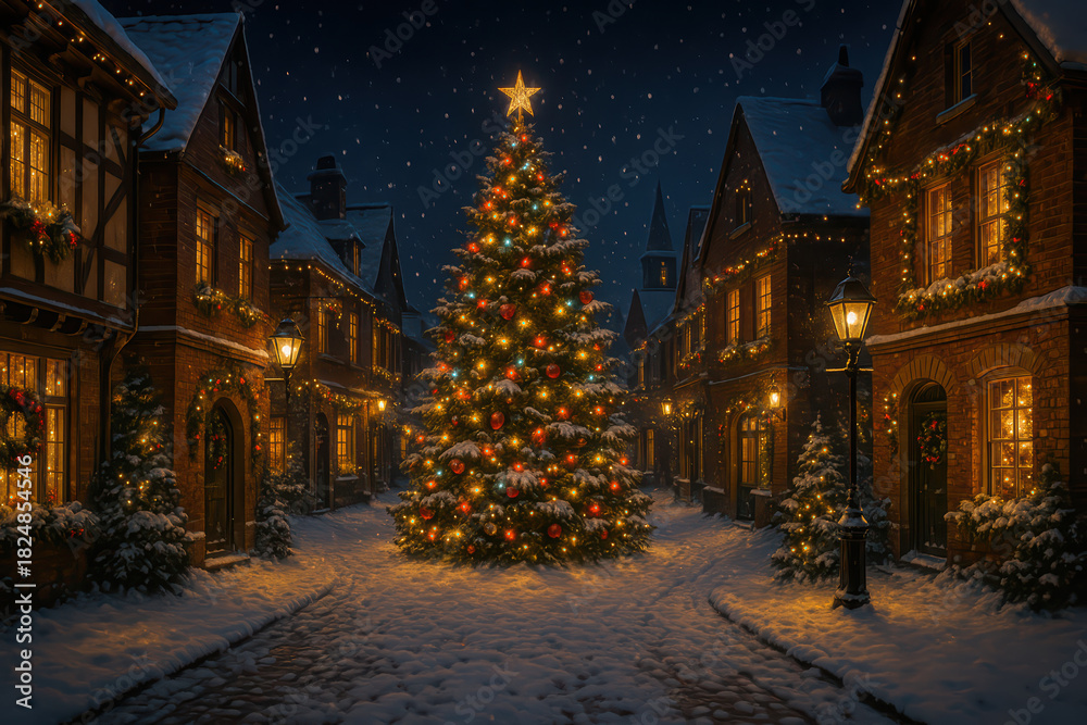 Fototapeta premium Christmas tree night snow street lights star decorations warm glow festive holiday winter village cozy celebration