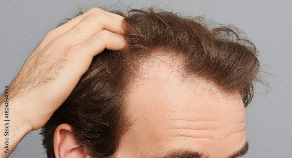 Fototapeta premium Top-down view of a young man holding his head examining his hair thinning
