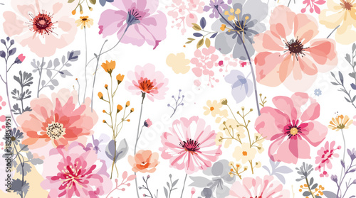Seamless floral background, Floral pattern with summer flowers and leaves vector illustration