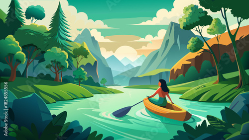 Nature-inspired leisure vector of a tranquil river kayaking scene in flat organic shapes