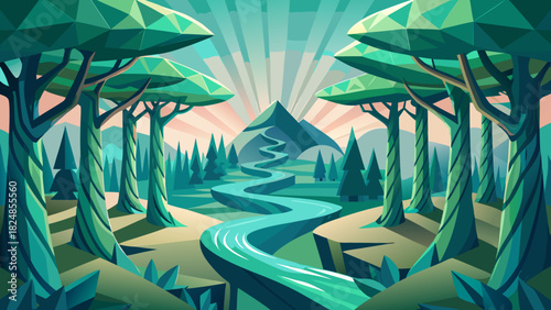 Organic-Geometric Forest in Clean Vector Style. A cohesive eco-scene.