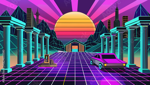 Time Warp cityscape blends vintage architecture with neon futurism in clean vector style
