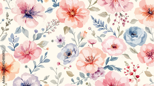 Pink summer floral seamless pattern with vintage blossoms and leaves