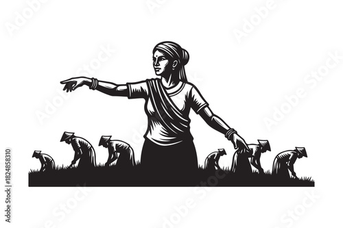 Woman directing agricultural laborers in a field