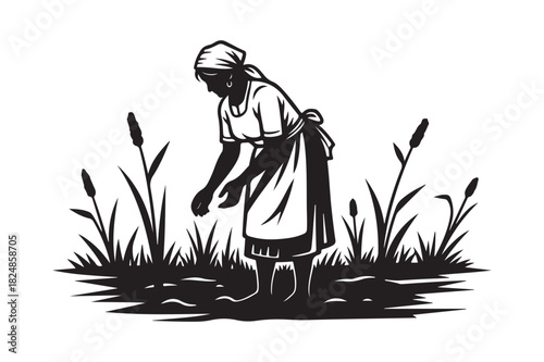 Farmer tending crops in a field with tall grass and reeds