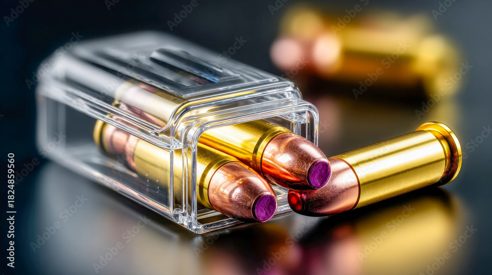 Obraz premium Hand holding a plastic box filled with shiny brass and copper bullets