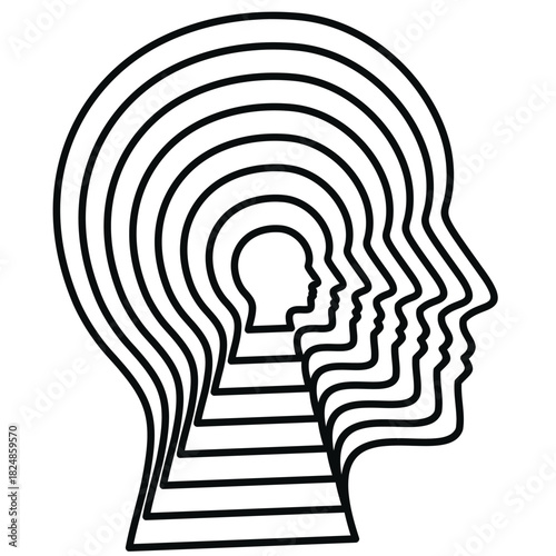 Nested head silhouettes representing layers of thought and consciousness