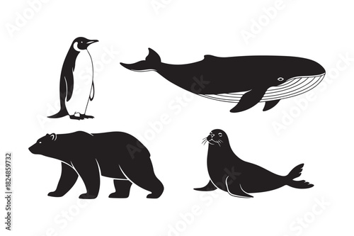 Collection of arctic and antarctic animals in silhouette