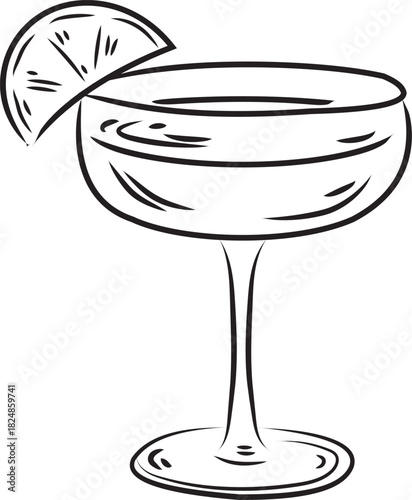 hand drawn cocktail glass, margarita or coupe, lime slice line art