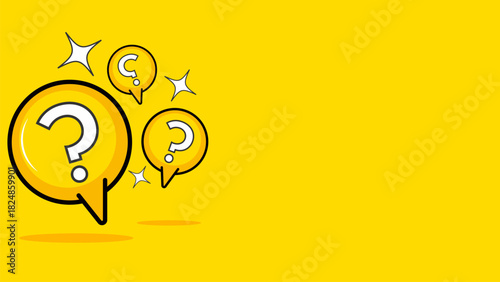 Yellow background with floating question mark icons - creative aid and explanation of frequently asked questions with space for text