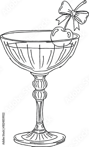 Cocktail glass with cherry and bow hand drawn illustration