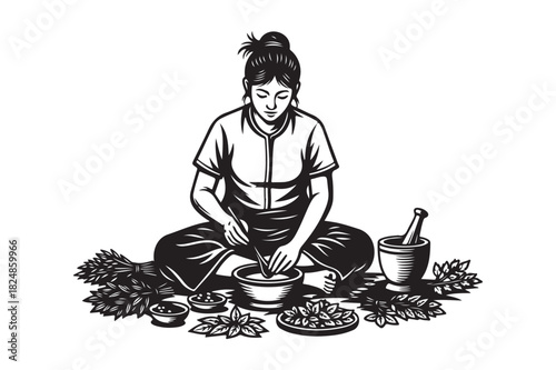 Traditional herbalist preparing natural remedies with mortar and pestle