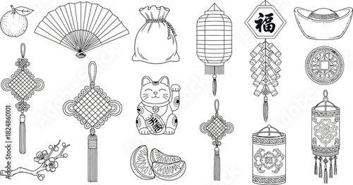Chinese new year ornaments in hand drawn style black and white