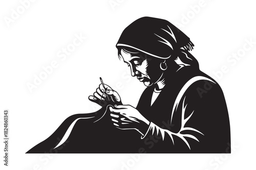 Woman in headscarf diligently sewing with needle and thread