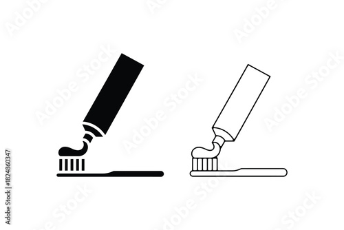 Toothpaste tube and toothbrush silhouette set isolated on white background