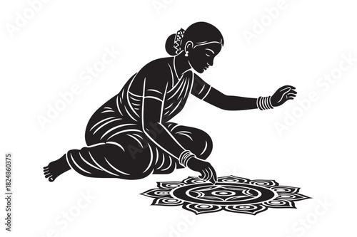 Woman creating intricate rangoli design with powder
