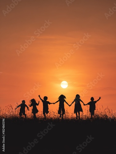 silhouette group of happy children playing on meadow sunset summertime no logos no brands ar 34