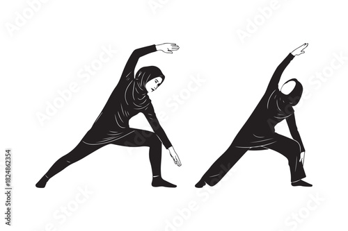 Two silhouettes of women performing yoga stretches side by side