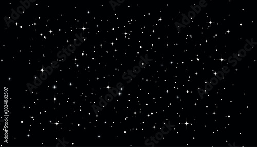 Numerous small, reflective glitter particles are scattered and falling against a deep black void.