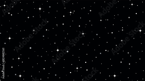 Numerous small, reflective glitter particles are scattered and falling against a deep black void.