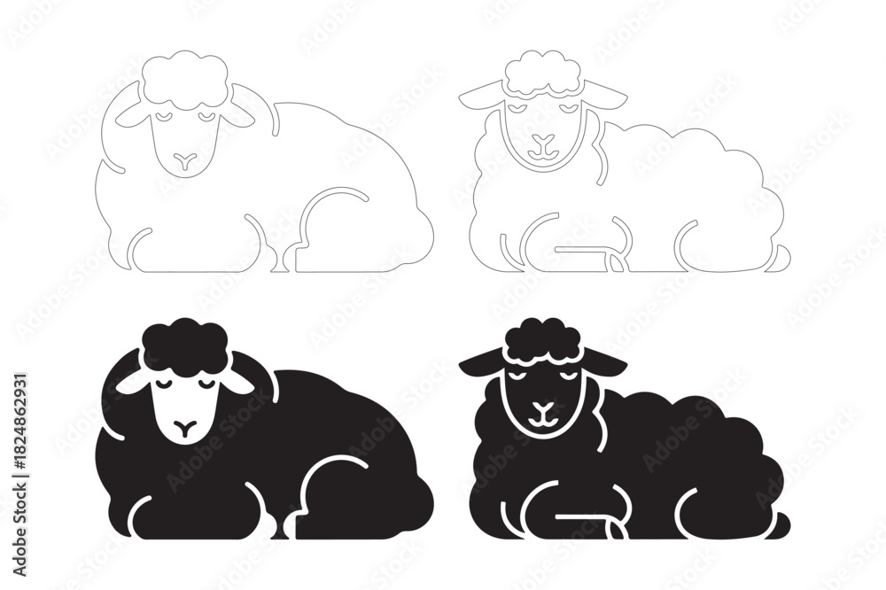 Fototapeta premium Four stylized sheep illustrations in black and white