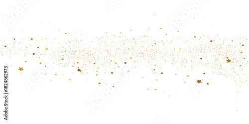 Golden glitter and shimmering stars falling effect on white background