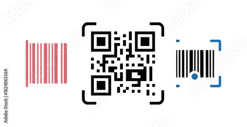 A quick response (QR) code and two variations of a traditional barcode are displayed side-by-side, representing modern and classic identification systems.
