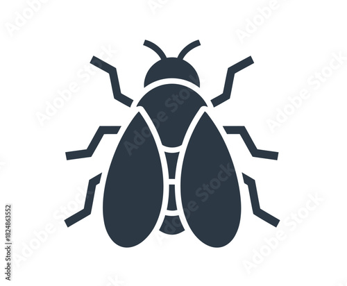 A simplified, dark silhouette of a common housefly is depicted against a stark white background, showcasing its iconic wing and leg structure.