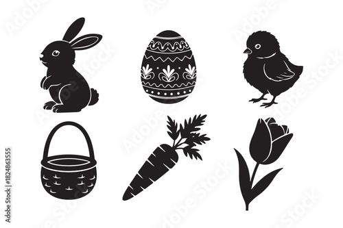 Black and white easter icons featuring bunny chick egg carrot basket and tulip