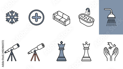 A collection of diverse icons representing various concepts including weather, healthcare, furniture, bathing, astronomy, chess, and freedom.