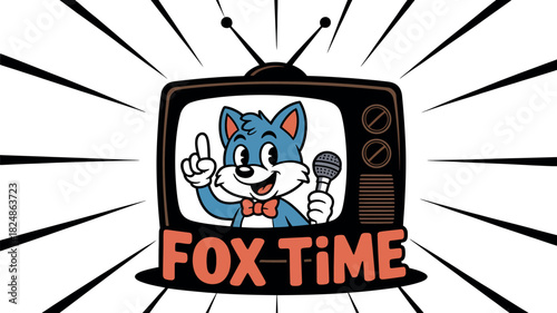 A cartoon fox character appears on an old television screen holding a microphone and wearing a bow tie, suggesting a show called "Fox Time."