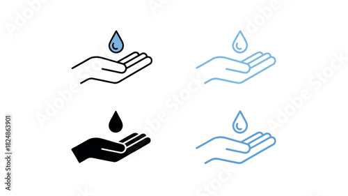 Four illustrative icons depict a hand receiving a water droplet, symbolizing hygiene and cleanliness in different styles.