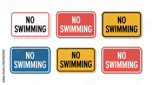 Multiple 'No Swimming' signs are displayed in different colors, including red, yellow, and blue, against a white background, conveying a clear warning.