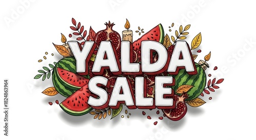 Yalda Sale text on a fruity label illustration, water melon and pomegranate fruits, isolated on white, yalda night