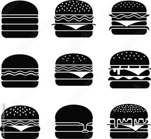 Collection of nine different burger icons in black and white style