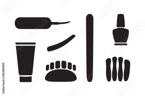 Black silhouette icons of nail care and cosmetic products