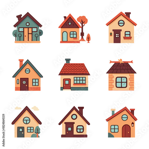 Nine various colorful cute house icons arranged in a square grid on a white background