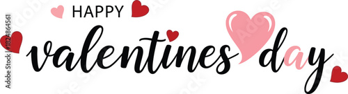 Happy valentines day calligraphy with pink and red hearts on white
