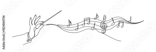 Conductor Hand with Music Notes Line Art – Musical Rhythm Continuous Drawing.