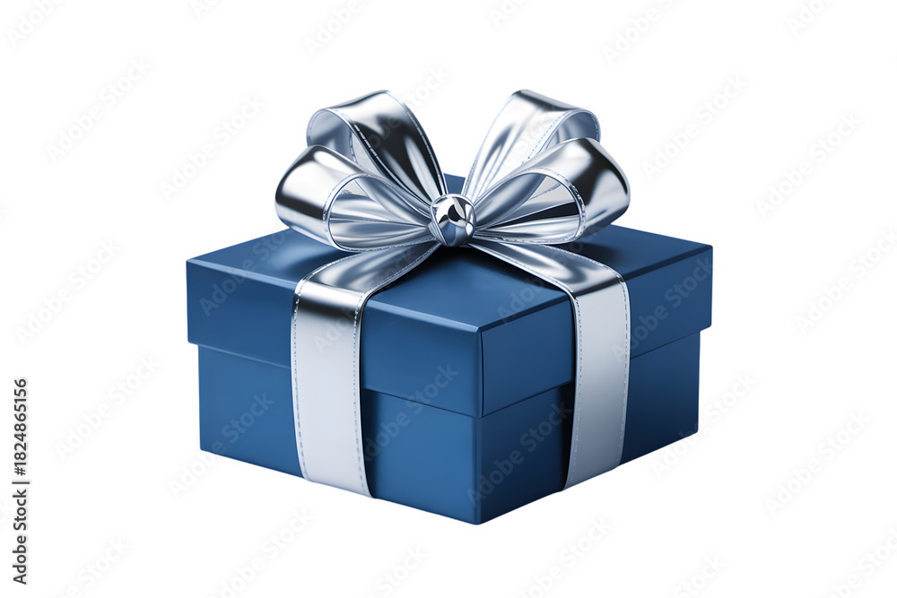 Obraz premium Elegant blue gift box with silver ribbon for celebrations on transparent background
