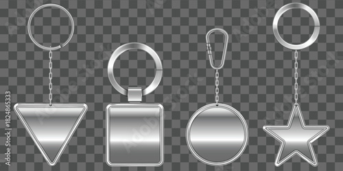 Set of blank metallic silver keychains with various geometric shapes design