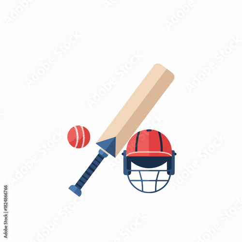 Cricket equipment including a bat, ball, and helmet, representing the sport of cricket in a minimalist flat design style