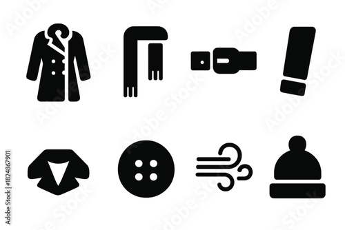 Winter Coat Icons. Winter Coat Style. Filled icon set of Winter Coat Style: long coat, scarf, belt, sleeve,