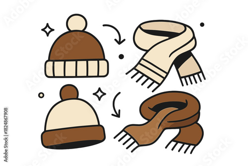 Winter Fashion Essentials. Beanies and scarves flat design. Stylized beanies and scarves displayed in clean
