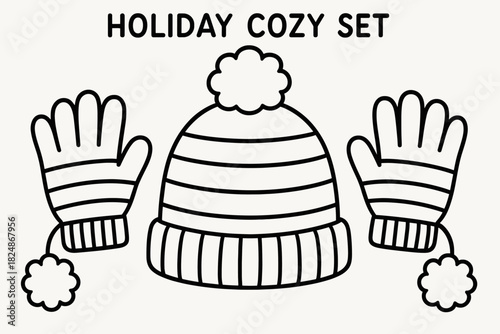 Cozy Winter Coloring. Holiday cozy set children’s coloring book illustration, outlined drawing, knitted hat
